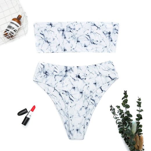 Marmurkowy strój kąpielowy dwuczęściowy - Biały / S ze sklepu Valetta.pl w kategorii Stroje kąpielowe - zdjęcie 153359927