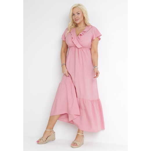 Różowa Rozkloszowana Sukienka Maxi z Gumką w Pasie z Falbankami Aimelia ze sklepu Born2be Odzież w kategorii Sukienki - zdjęcie 153375495