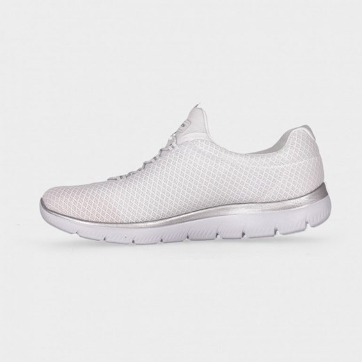 Białe buty sportowe damskie Skechers sneakersy tkaninowe wiązane płaskie na wiosnę