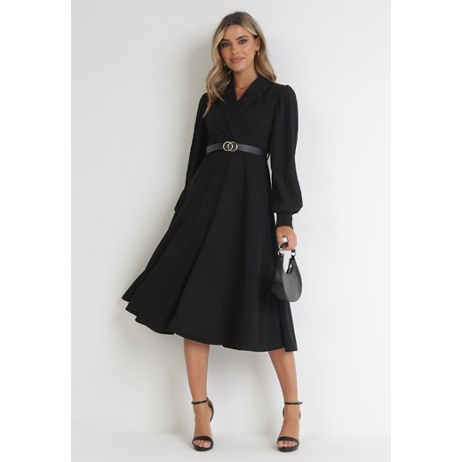 Czarna Sukienka Rozkloszowana z Paskiem Aidyn ze sklepu Born2be Odzież w kategorii Sukienki - zdjęcie 153469677