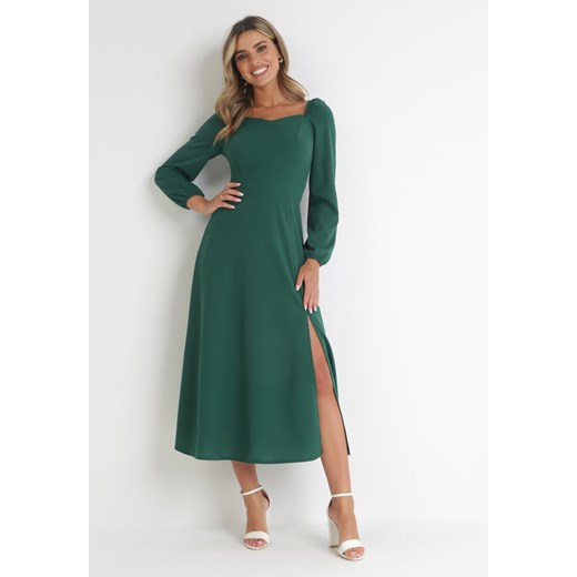 Zielona Rozkloszowana Sukienka z Rozcięciem i Bufiastym Rękawem Calaphne XL Born2be Odzież promocja