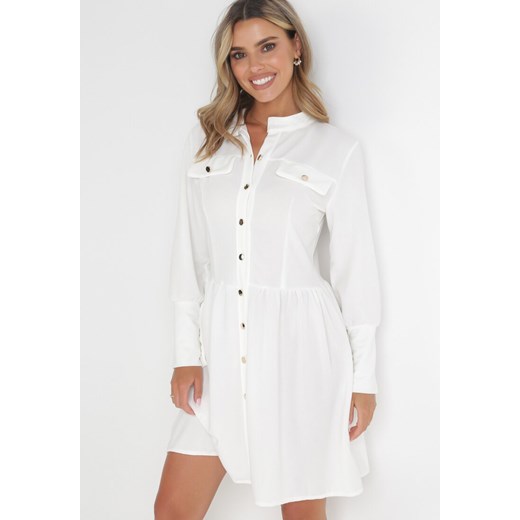 Biała Koszulowa Sukienka Mini z Guzikami i Szerokimi Mankietami Alyapa ze sklepu Born2be Odzież w kategorii Sukienki - zdjęcie 153469995