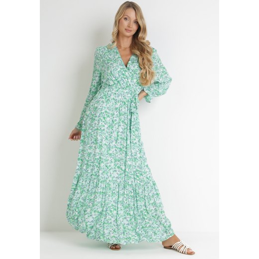 Miętowo-Zielona Wiskozowa Sukienka Maxi z Gumką w Pasie i Materiałowym Paskiem Obexis ze sklepu Born2be Odzież w kategorii Sukienki - zdjęcie 153526478