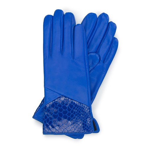 Damskie rękawiczki skórzane ze wstawką o fakturze egzotycznej skóry niebieskie ze sklepu WITTCHEN w kategorii Rękawiczki damskie - zdjęcie 153595996