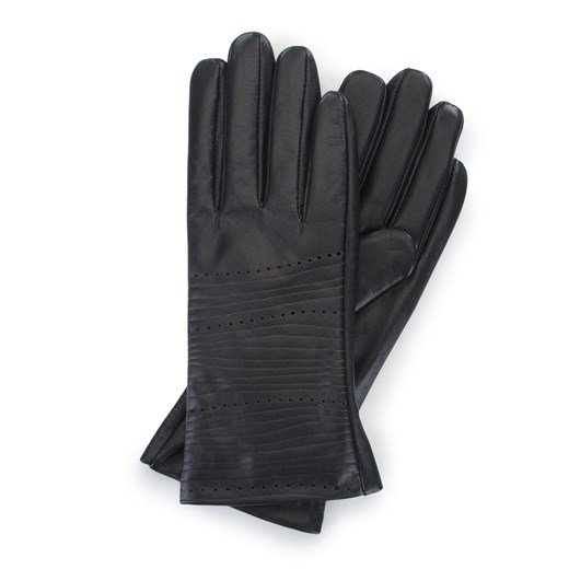Damskie rękawiczki ze skóry w tłoczone paseczki czarne ze sklepu WITTCHEN w kategorii Rękawiczki damskie - zdjęcie 153608405