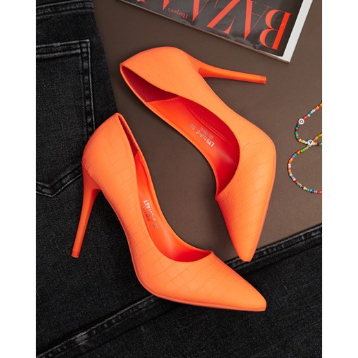 Neonowe pomarańczowe damskie czółenka na szpilce z tłoczeniem Asota - Obuwie Royalfashion.pl 38 royalfashion.pl