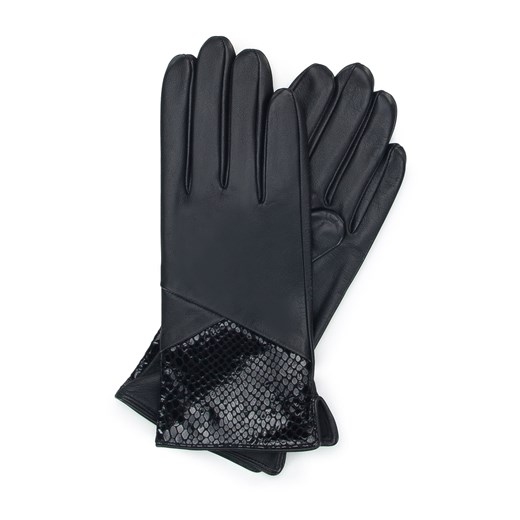 Damskie rękawiczki skórzane ze wstawką o fakturze egzotycznej skóry czarne ze sklepu WITTCHEN w kategorii Rękawiczki damskie - zdjęcie 153669525