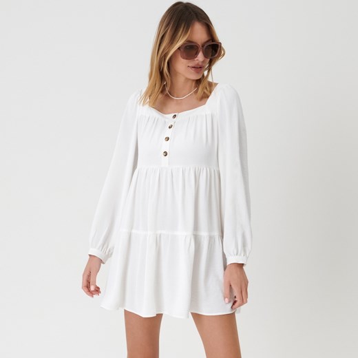 Sinsay - Sukienka mini babydoll - Kremowy Sinsay M Sinsay okazja