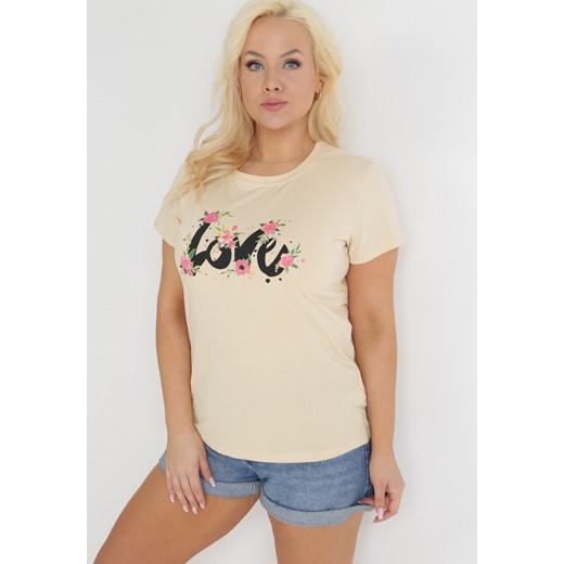 Beżowy Bawełniany T-shirt z Krótkim Rękawem i Nadrukiem Naremena ze sklepu Born2be Odzież w kategorii Bluzki damskie - zdjęcie 153733968