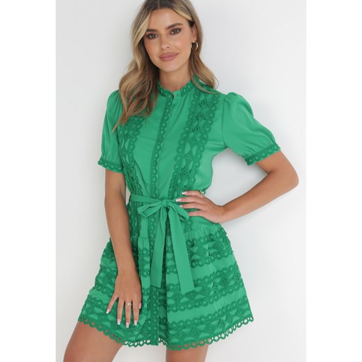 Zielona Sukienka Rozkloszowana z Koronką i Wiązanym Paskiem Alphonsina ze sklepu Born2be Odzież w kategorii Sukienki - zdjęcie 153734269