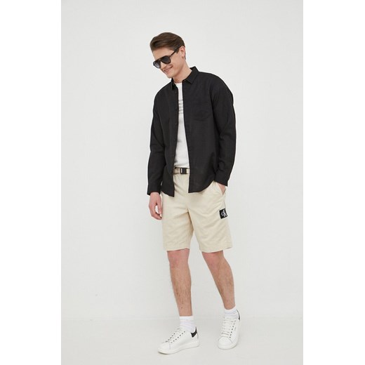 Calvin Klein koszula lniana męska kolor czarny slim z kołnierzykiem klasycznym Calvin Klein XXL ANSWEAR.com