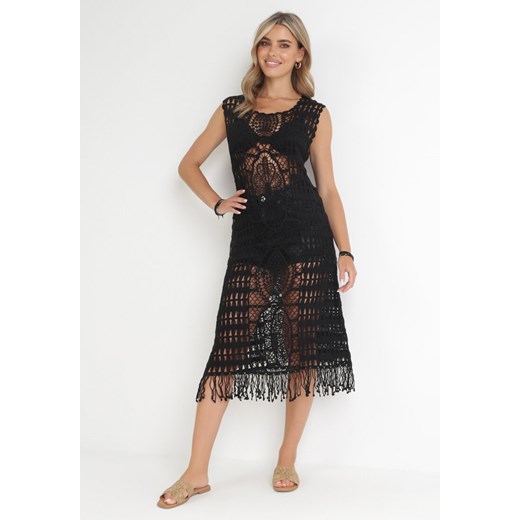 Czarna Szydełkowa Sukienka Plażowa z Frędzlami Nellot ze sklepu Born2be Odzież w kategorii Odzież plażowa - zdjęcie 154078307
