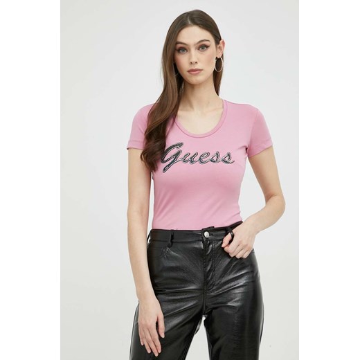 Guess t-shirt damski kolor różowy ze sklepu ANSWEAR.com w kategorii Bluzki damskie - zdjęcie 154087266