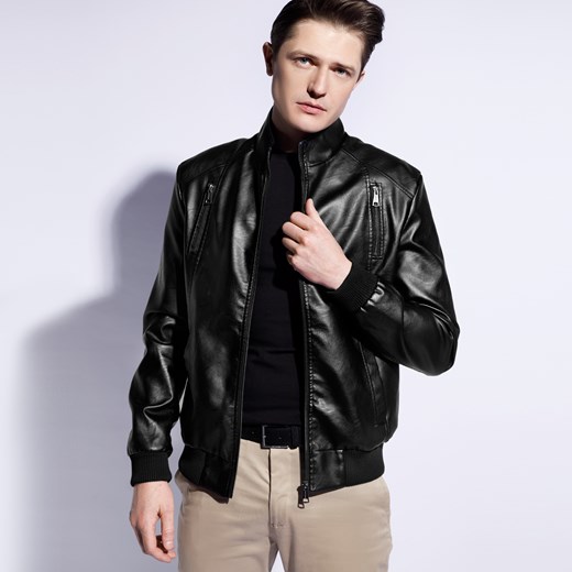 Męska kurtka z ekoskóry ze ściągaczami czarna ze sklepu WITTCHEN w kategorii Kurtki męskie - zdjęcie 154099275
