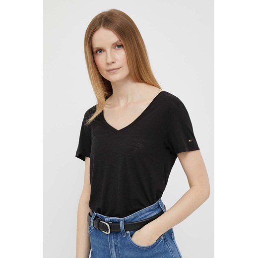 Tommy Hilfiger t-shirt z domieszką lnu kolor czarny Tommy Hilfiger M ANSWEAR.com