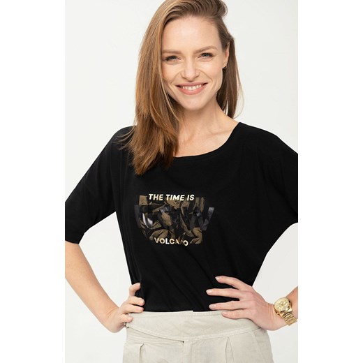 Luźna bluzka damska w kolorze czarnym z nadrukiem T-NOW, Kolor czarny, Rozmiar XS, Volcano ze sklepu Primodo w kategorii Bluzki damskie - zdjęcie 154152556