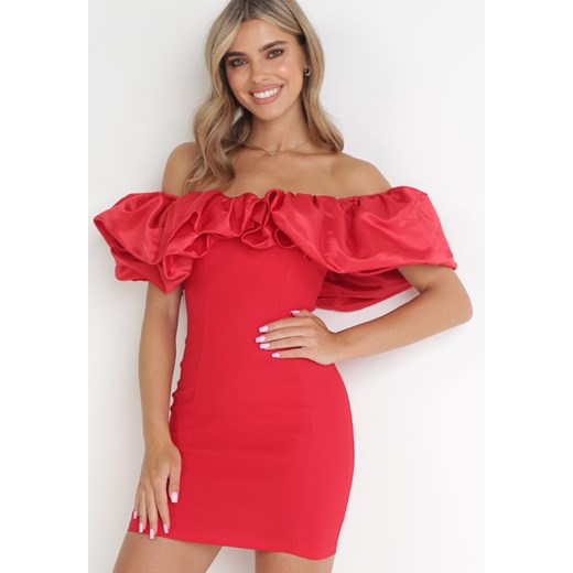 Czerwona Sukienka Dopasowana z Falbanami Acore ze sklepu Born2be Odzież w kategorii Sukienki - zdjęcie 154168185