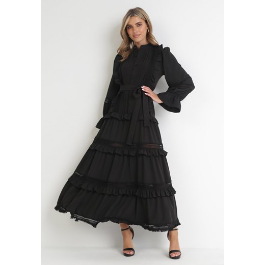 Czarna Koszulowa Sukienka z Falbanką i Koronką Peza ze sklepu Born2be Odzież w kategorii Sukienki - zdjęcie 154171098