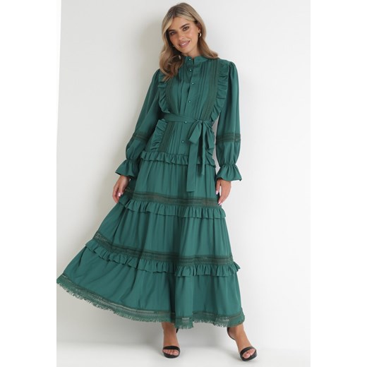 Zielona Koszulowa Sukienka z Falbanką i Koronką Peza ze sklepu Born2be Odzież w kategorii Sukienki - zdjęcie 154193555