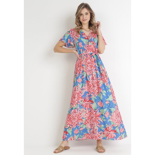 Niebiesko-Różowa Kopertowa Sukienka Maxi z Gumką w Pasie w Kwiaty z Wiskozy Aryna ze sklepu Born2be Odzież w kategorii Sukienki - zdjęcie 154291439