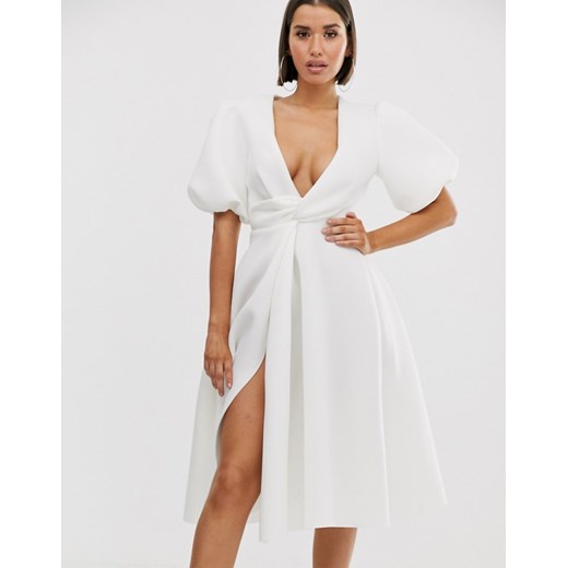 ASO DESIGN Biała sukienka głęboki dekolt bufki (32) Aso Design 32 (XXS) SUPELO