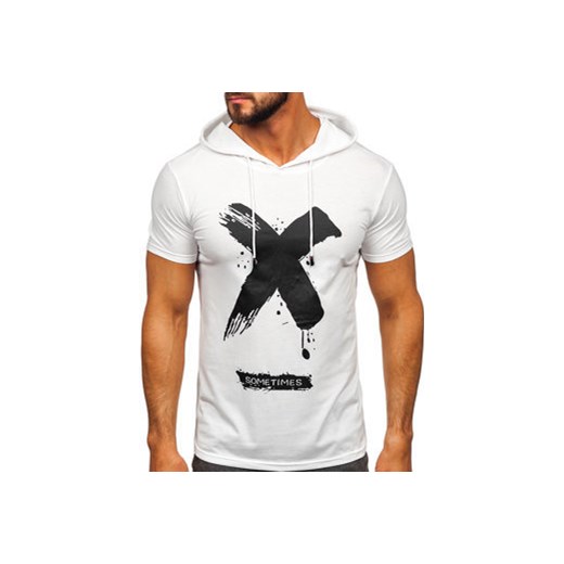 Biały t-shirt męski z nadrukiem z kapturem Denley 8T203 2XL Denley