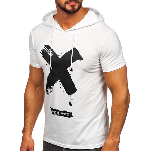 Biały t-shirt męski z nadrukiem z kapturem Denley 8T203 M Denley