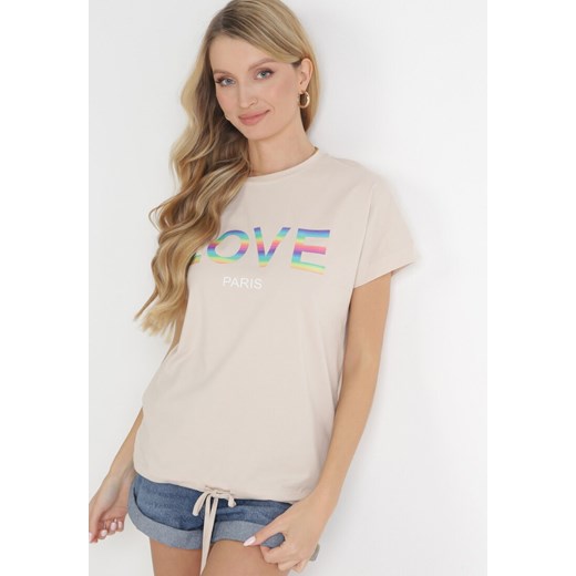 Jasnobeżowy Bawełniany T-shirt ze Ściągaczem na Dole i Napisem Love Dannia S/M promocja Born2be Odzież