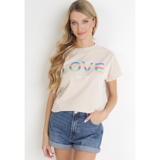 Jasnobeżowy Bawełniany T-shirt ze Ściągaczem na Dole i Napisem Love Dannia M/L Born2be Odzież wyprzedaż
