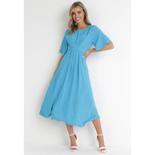 Niebieska Sukienka Maxi z Ozdobnym Wiązaniem i Gumką w Talii Myrcella ze sklepu Born2be Odzież w kategorii Sukienki - zdjęcie 154366115