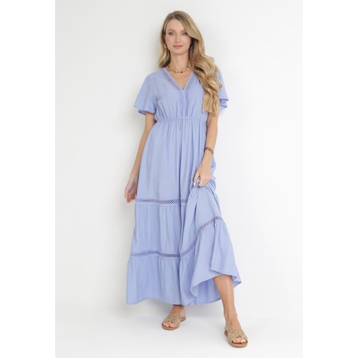 Jasnoniebieska Sukienka Maxi z Gumką w Pasie i Koronkowymi Wstawkami Anandia ze sklepu Born2be Odzież w kategorii Sukienki - zdjęcie 154384715