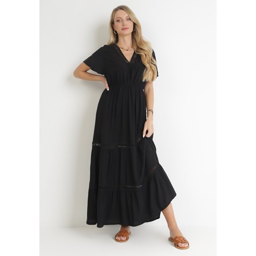Czarna Sukienka Maxi z Gumką w Pasie i Koronkowymi Wstawkami Anandia ze sklepu Born2be Odzież w kategorii Sukienki - zdjęcie 154384725
