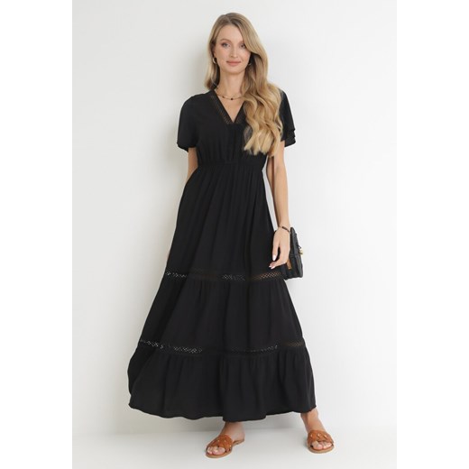 Czarna Sukienka Maxi z Gumką w Pasie i Koronkowymi Wstawkami Anandia M promocja Born2be Odzież