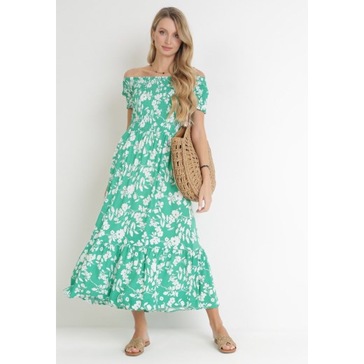 Zielona Kwiecista Sukienka Hiszpanka Maxi z Marszczonymi Gumkami Ebothia ze sklepu Born2be Odzież w kategorii Sukienki - zdjęcie 154384735