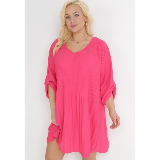 Różowa Rozkloszowana Sukienka Mini z Plisowaniem Telesi XL okazja Born2be Odzież