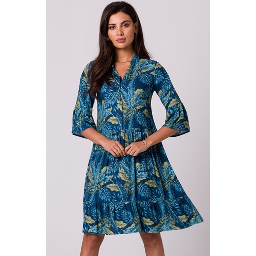 Sukienka z falbanką niebieska w roślinny wzór B260, Kolor niebieski-wzór, Rozmiar S, BE ze sklepu Primodo w kategorii Sukienki - zdjęcie 154429736