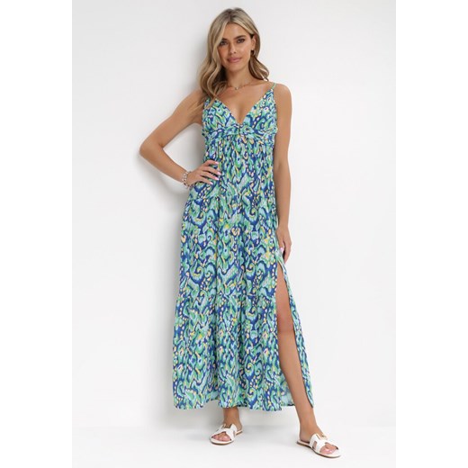 Niebiesko-Zielona Rozkloszowana Sukienka Maxi na Ramiączkach z Głębokim Dekoltem Danila ze sklepu Born2be Odzież w kategorii Sukienki - zdjęcie 154467508