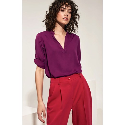 Wiskozowa bluzka damska z podwijanym rękawem w kolorze purpurowym B147, Kolor purpurowy, Rozmiar 36, Nife ze sklepu Primodo w kategorii Bluzki damskie - zdjęcie 154488536