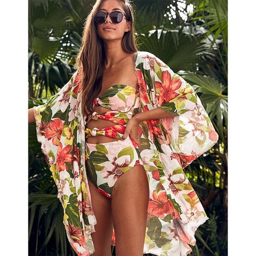 Krótkie kimono plażowe w kwiaty - Pomarańczowy / S ze sklepu Valetta.pl w kategorii Odzież plażowa - zdjęcie 154501399