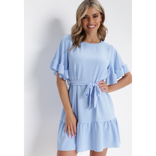 Niebieska Sukienka Rozkloszowana z Wiązanym Paskiem Kastan ze sklepu Born2be Odzież w kategorii Sukienki - zdjęcie 154512397