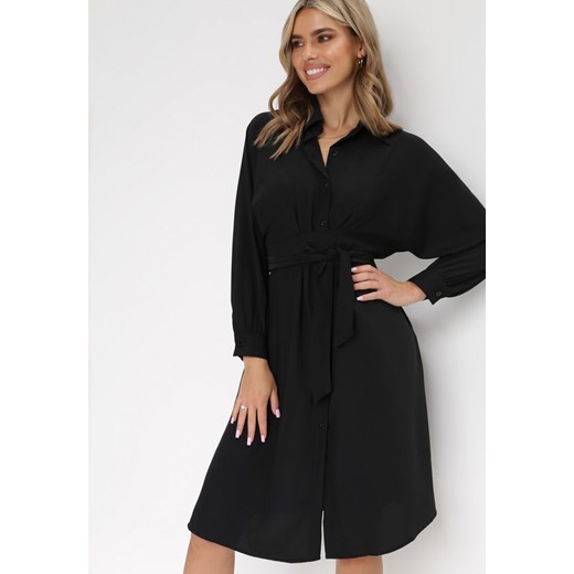 Czarna Koszulowa Sukienka Trapezowa z Wiązaniem Renner ze sklepu Born2be Odzież w kategorii Sukienki - zdjęcie 154512507