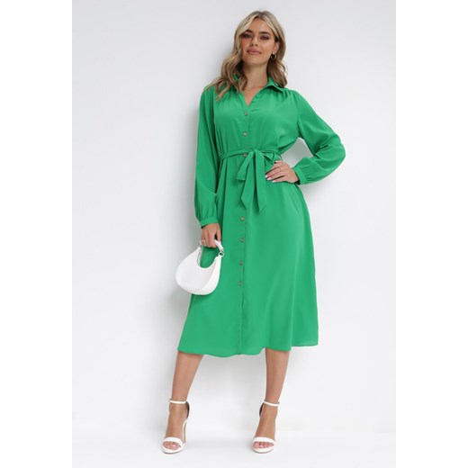 Zielona Rozszerzana Sukienka Midi z Kołnierzykiem i Materiałowym Paskiem Eletia ze sklepu Born2be Odzież w kategorii Sukienki - zdjęcie 154512577