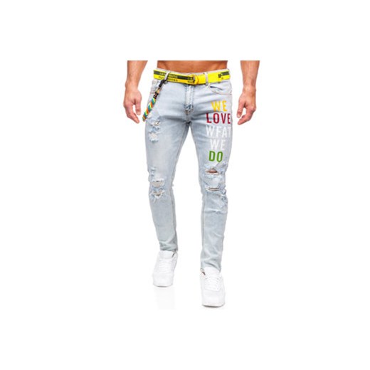 Niebieskie spodnie jeansowe męskie slim fit z paskiem Denley KX1151 36/XL okazja Denley