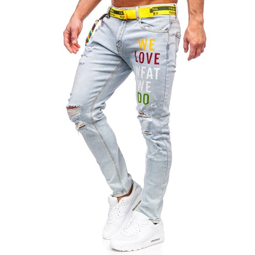 Niebieskie spodnie jeansowe męskie slim fit z paskiem Denley KX1151 31/M promocyjna cena Denley