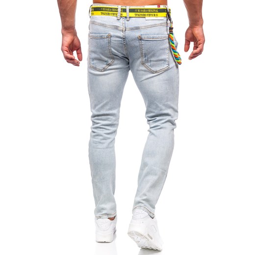 Niebieskie spodnie jeansowe męskie slim fit z paskiem Denley KX1151 31/M wyprzedaż Denley