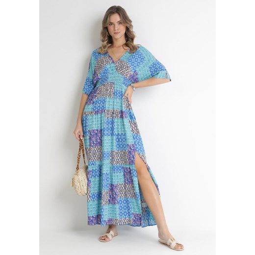 Niebieska Wiskozowa Sukienka Maxi z Gumkami w Pasie i Abstrakcyjnym Wzorem Zamania ze sklepu Born2be Odzież w kategorii Sukienki - zdjęcie 154531827