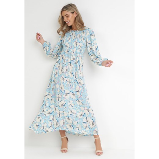 Niebieska Rozkloszowana Sukienka Maxi w Kwiaty Hyathy ze sklepu Born2be Odzież w kategorii Sukienki - zdjęcie 154537149