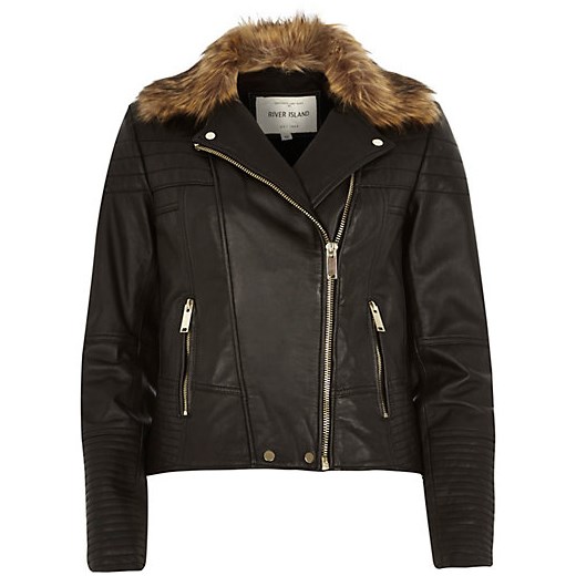 Black leather faux fur collar biker jacket river-island czarny kurtki