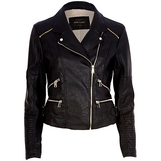 Black leather-look biker jacket river-island czarny kurtki