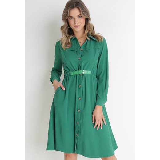 Zielona Sukienka Midi z Gumką w Pasie i Dodatkowym Paskiem ze Sprzączką Zawadi M wyprzedaż Born2be Odzież